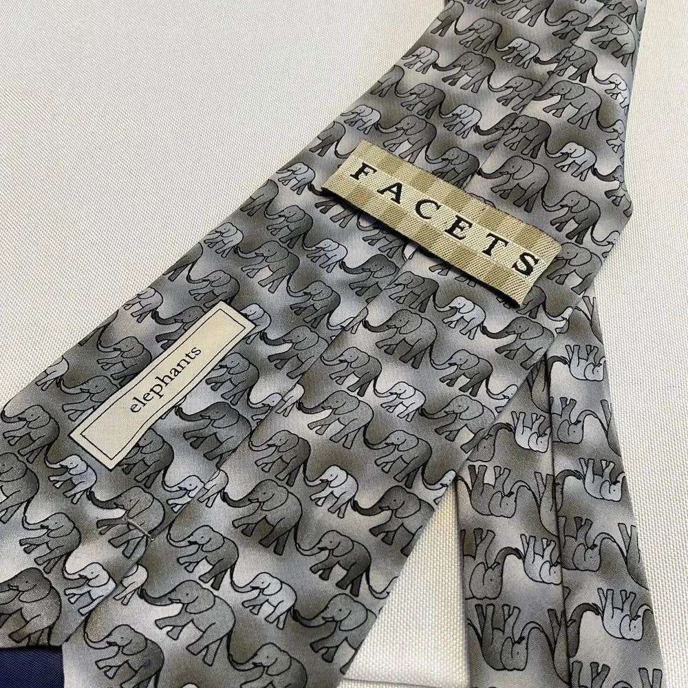Facets Men's 100% Silk Necktie Grey African Elephants On Parade Pattern Wildlife